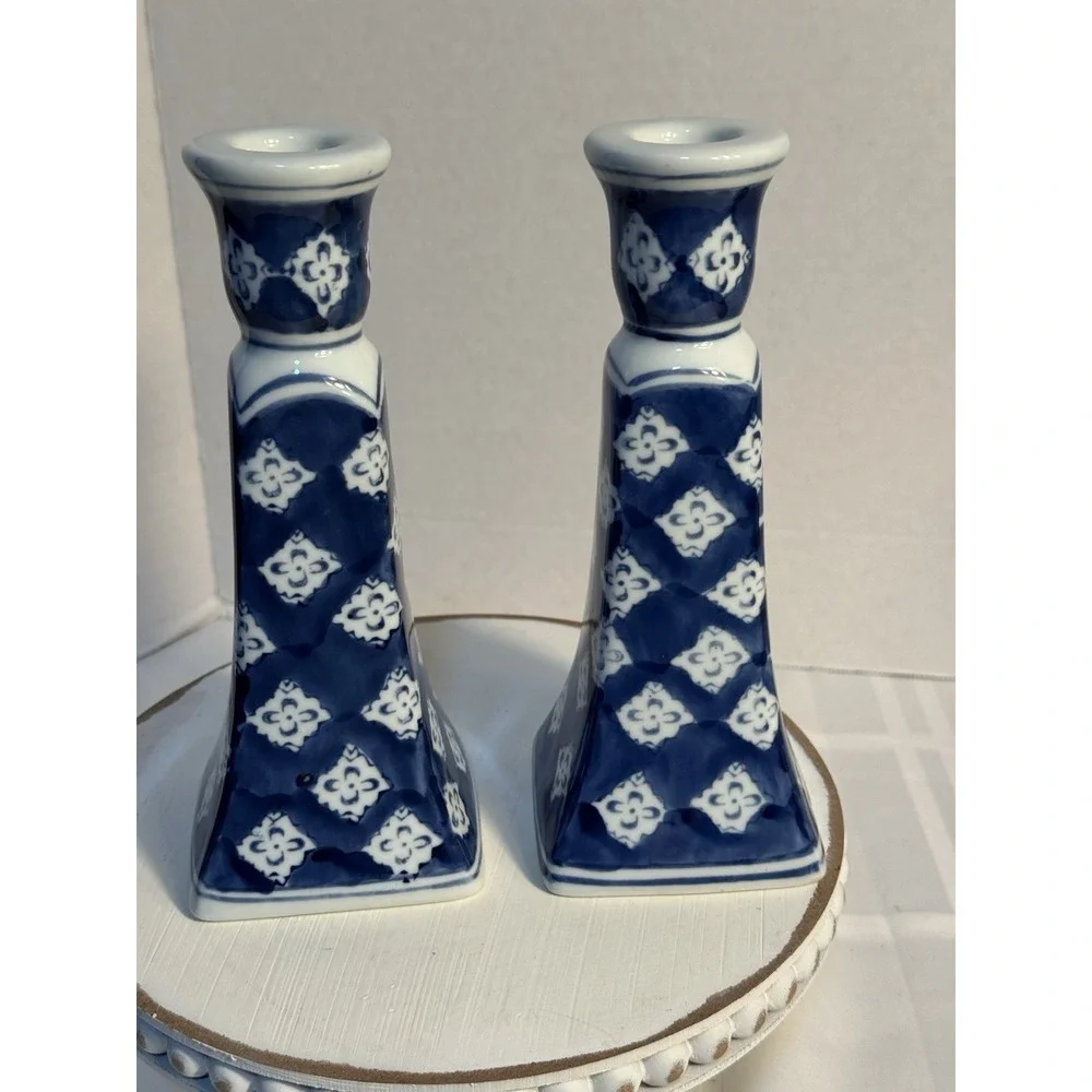 Handcrafted For Silvestri Blue‎ And White Glass Taper Holders 8.25